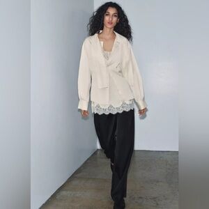 Zara Romantic Lace Trim Tie Neck Woman’s Blouse Cream - Size Large